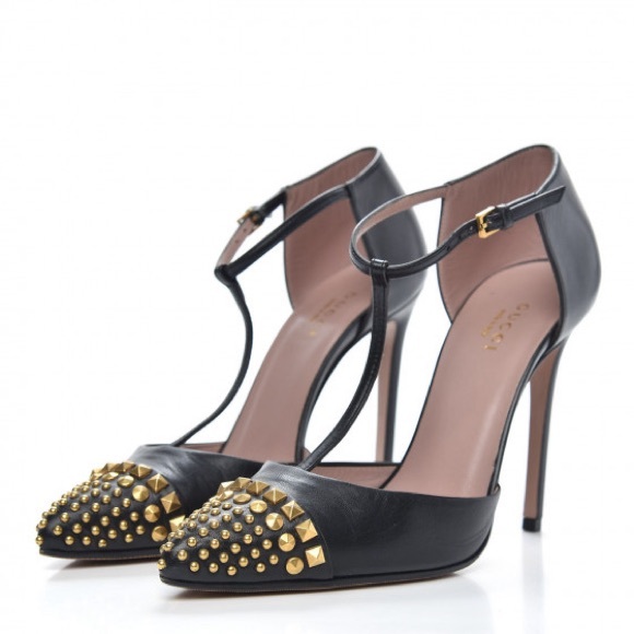 Gucci Malaga Kid Nero T-strap Studded Heels Size 37 - Picture 1 of 9